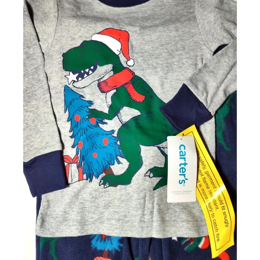 Toddler Boy 2T Carter's T-Rex Christmas Pajamas 2pc Fleece Cotton Dinosaur‎ NWT